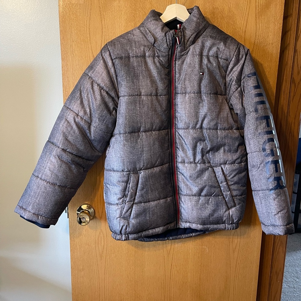 Boys Tommy Hilfiger Gray Quilted Puffer Jacket with Stand-Up Collar